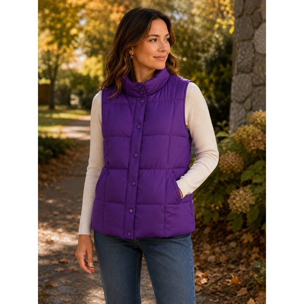 Lands End Womens Purple Puffer Vest Down Insulated Quilted Snap Front Size M